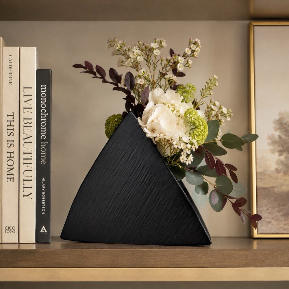 Japanese Ikebana Flower Arrangement Vase Ceramic 9" Black Pyramid Contemporary